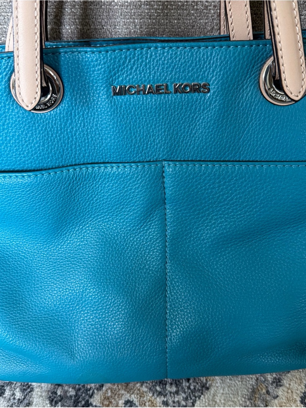 Michael Kors Bedford Leather Tote Blue Tan Pre-Owned Nautical Summer Coastal - Picture 2 of 11